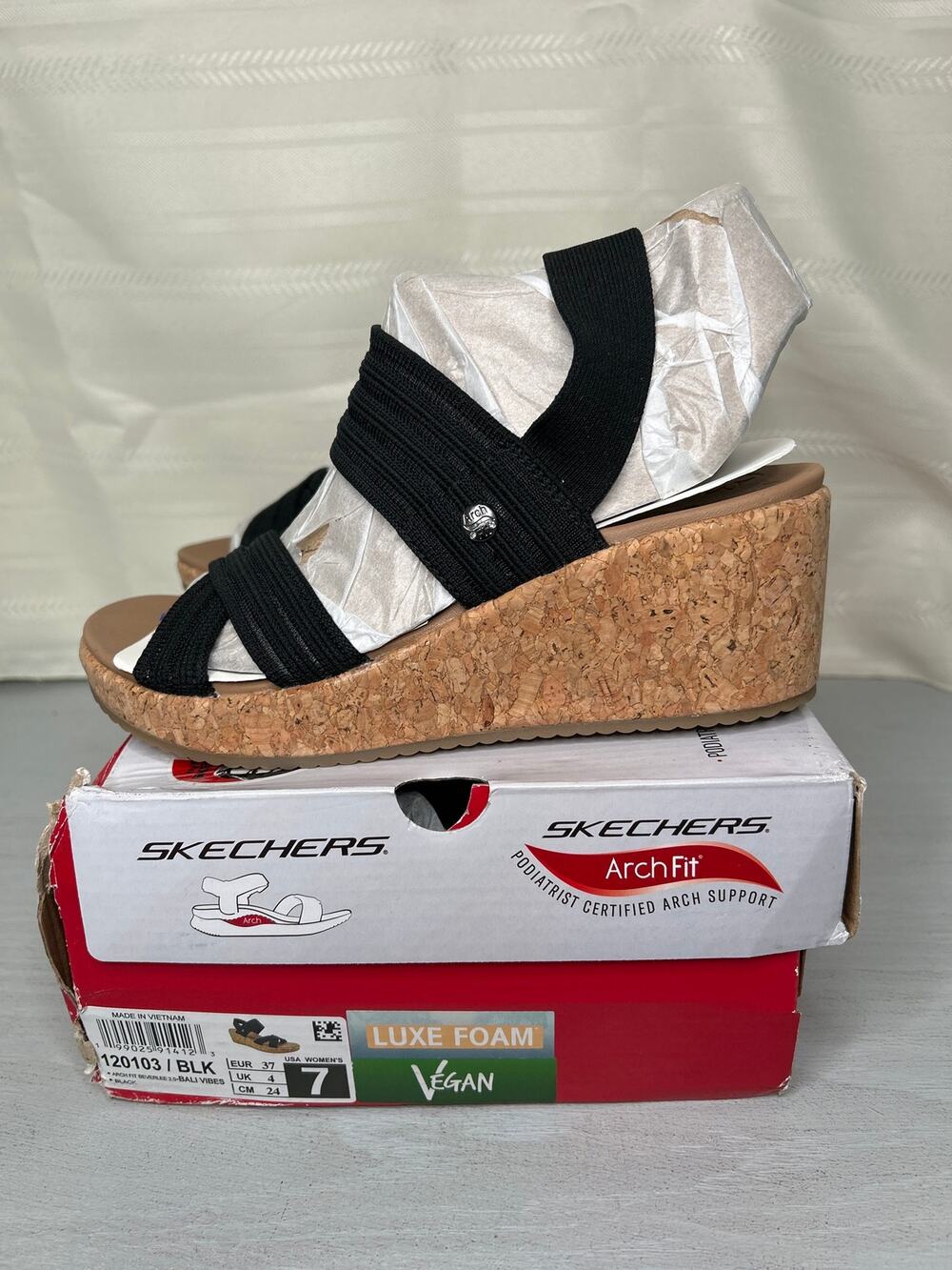 Skechers Arch Fit Beverlee 2.0 Bali Vibes Wedge Sandals Black Size 7
